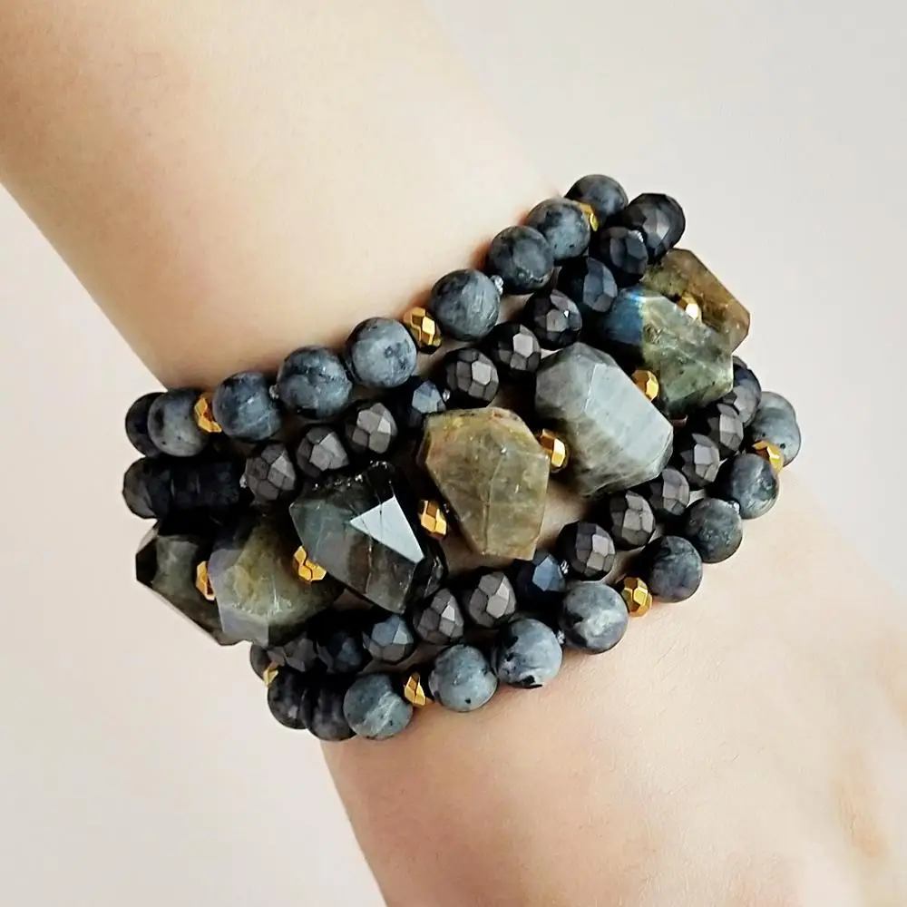 

Lii Ji Labradorite Crystal Hematite Beads 5 rows OT Clasp Bracelet Bohemia Style Jewelry Drop shipping