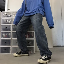 Уличная одежда с буквенным принтом, с высокой талией, мешковатые, свободные, прямые, в стиле хип-хоп, для бега, джинсовые длинные штаны размера плюс, больше размера d, корейские джинсы-шаровары, большие