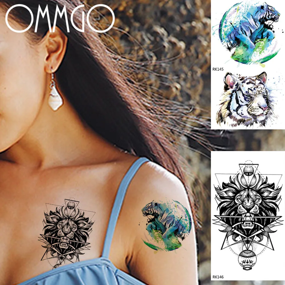 

OMMGO Watercolor Geometric Lion Tiger Temporary Tattoos For Women Men Tatoos Body Art Arm Fake Tattoo Waterproof Tattoo Stickers