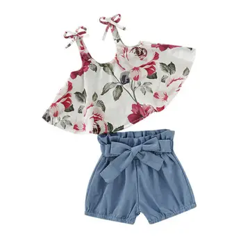 

2019 Toddler Kids Baby Girl Summer Sling Printing Floral Ruffle Tops T-shirt Pants Shorts Outfit Clothes 0-4Y