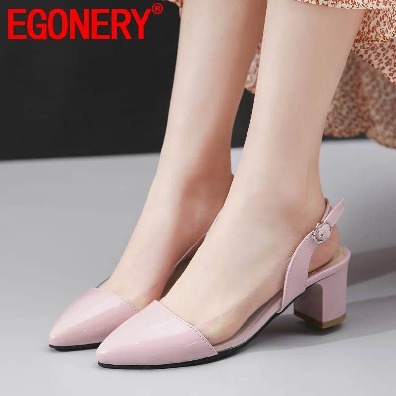 

EGONERY woman shoes spring new fashion pointed toe patent leather woman pumps outside mid heels buckle plus size ladies shoes