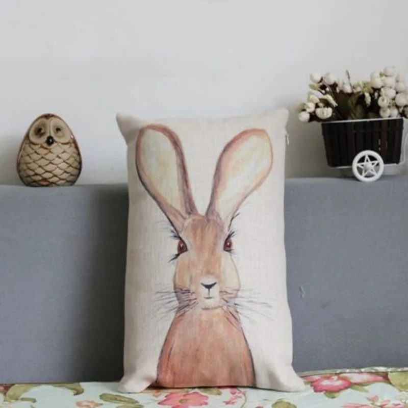 

50x30cm Throw Pillows Cute Rabbit Cushion Cover Linen Decorative Lumbar Pillow Case Animal Rectangle Sofa Car Seat Pillows