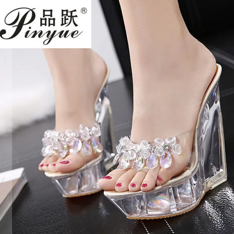 

2019 high 14 cm crystal wedges sandals women waterproof platform 4.5 sexy wild high-heeled transparent slippers