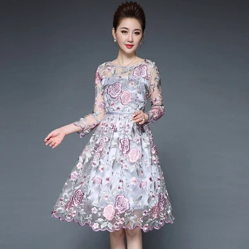 

2018 Spring New High Quality Women Mesh Gauze Embroidery Dress Fashion Elegant Slim Female Dress O-Neck A-Line Dress YP0919