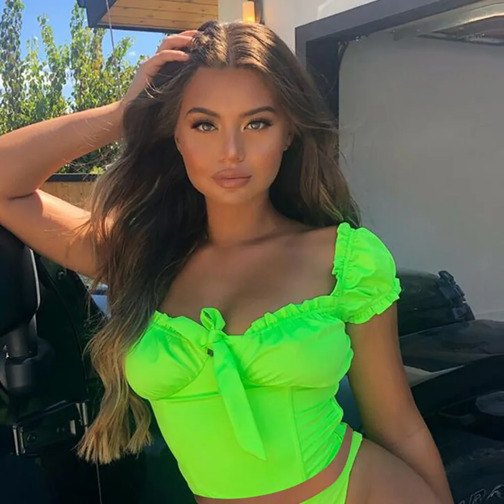 

Milkmaid Puff Sleeve Retro Crop Top T Shirt Women Fluorescent Green Pink Pleated Bow Tie Sweet Sexy Tops