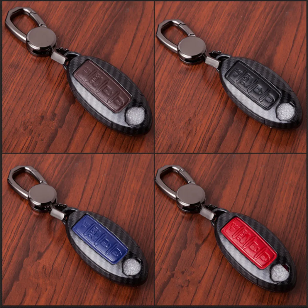 

WFMJ Carbon Fiber Paint Leather 4 Buttons Key Case Cover Chain for Nissan Armada Altima Maxima Murano Quest Rogue Sentra Versa