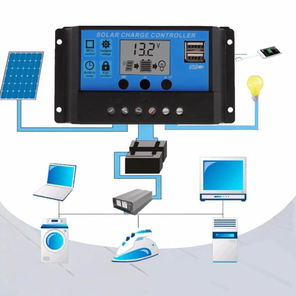 Горячая 12 В/24 В Солнечная Панель зарядное устройство контроллер батарея регулятор USB lcd Солнечная зарядка система контроллер с датчиком таймера светильник