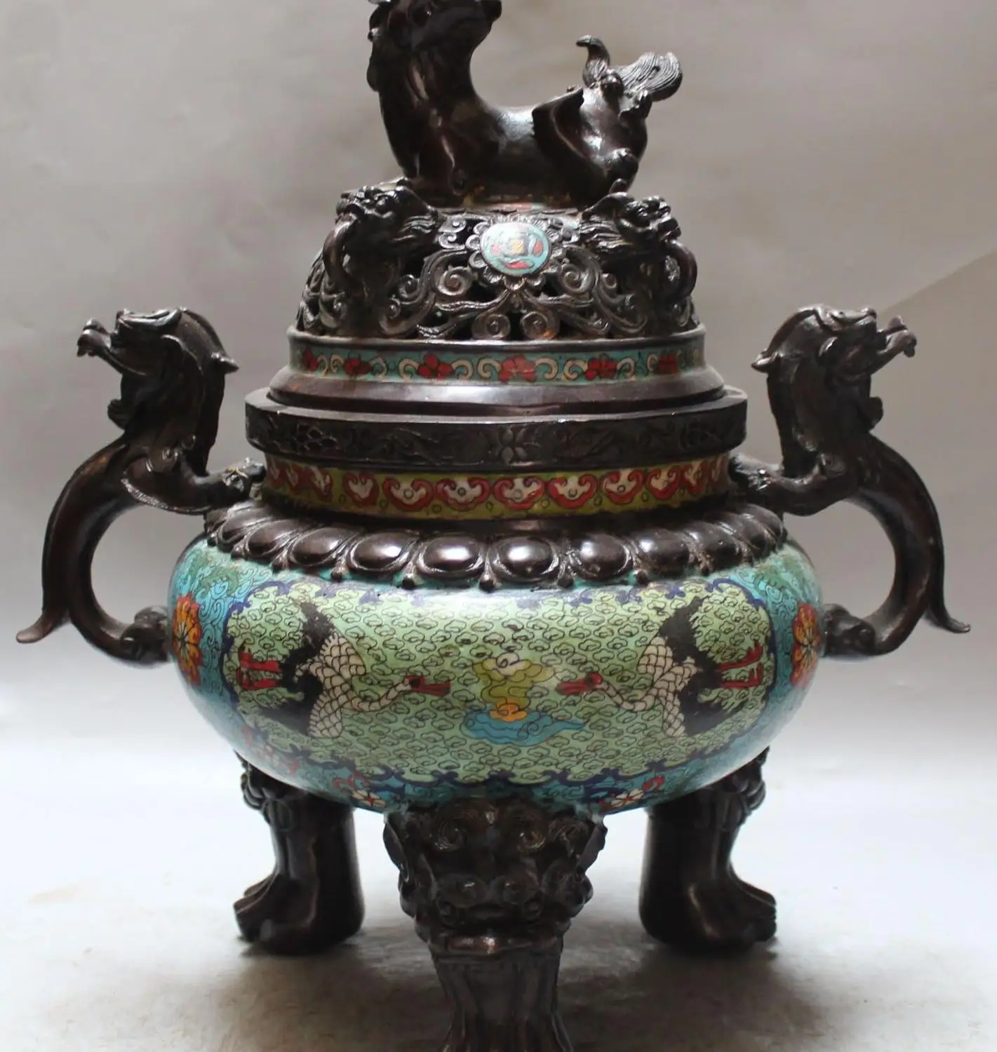 

19" Marked China Purple Bronze Cloisonne Enamel Lion PiXiu Incense Burner Censer