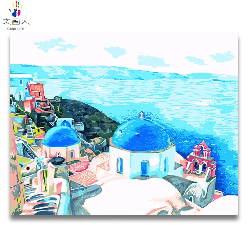

Seascape building seaside castle picture painting coloring paints by numbers with paint colors on canvas for living room decor