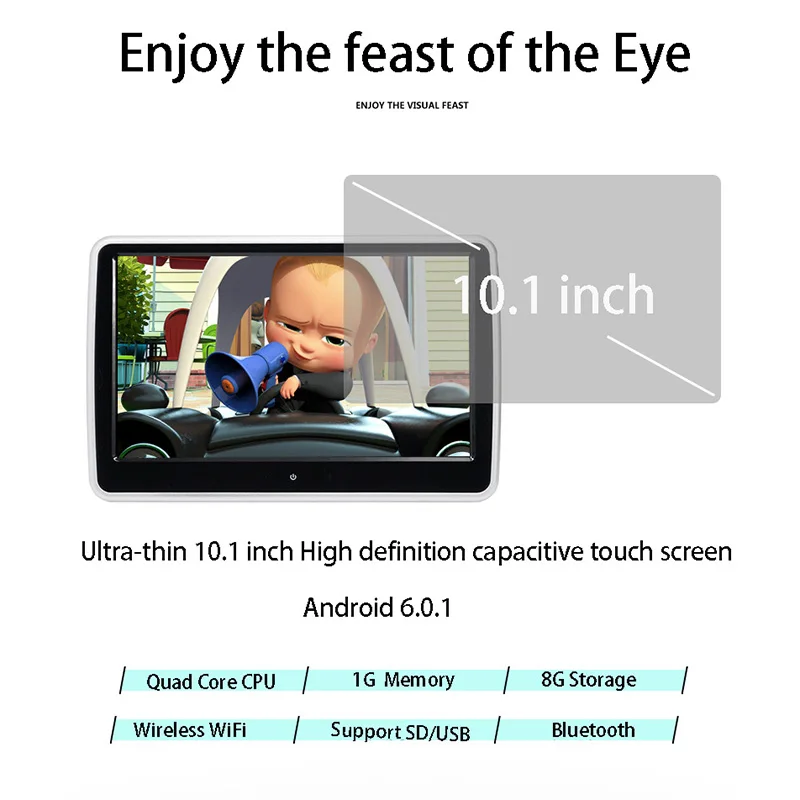 Автомобильный монитор Система Android 6.0.1 с wifi MP5 плеер карта памяти SD Bluetooth динамик 10,1 дюймов ips сенсорный экран ТВ для подголовника автомобиля