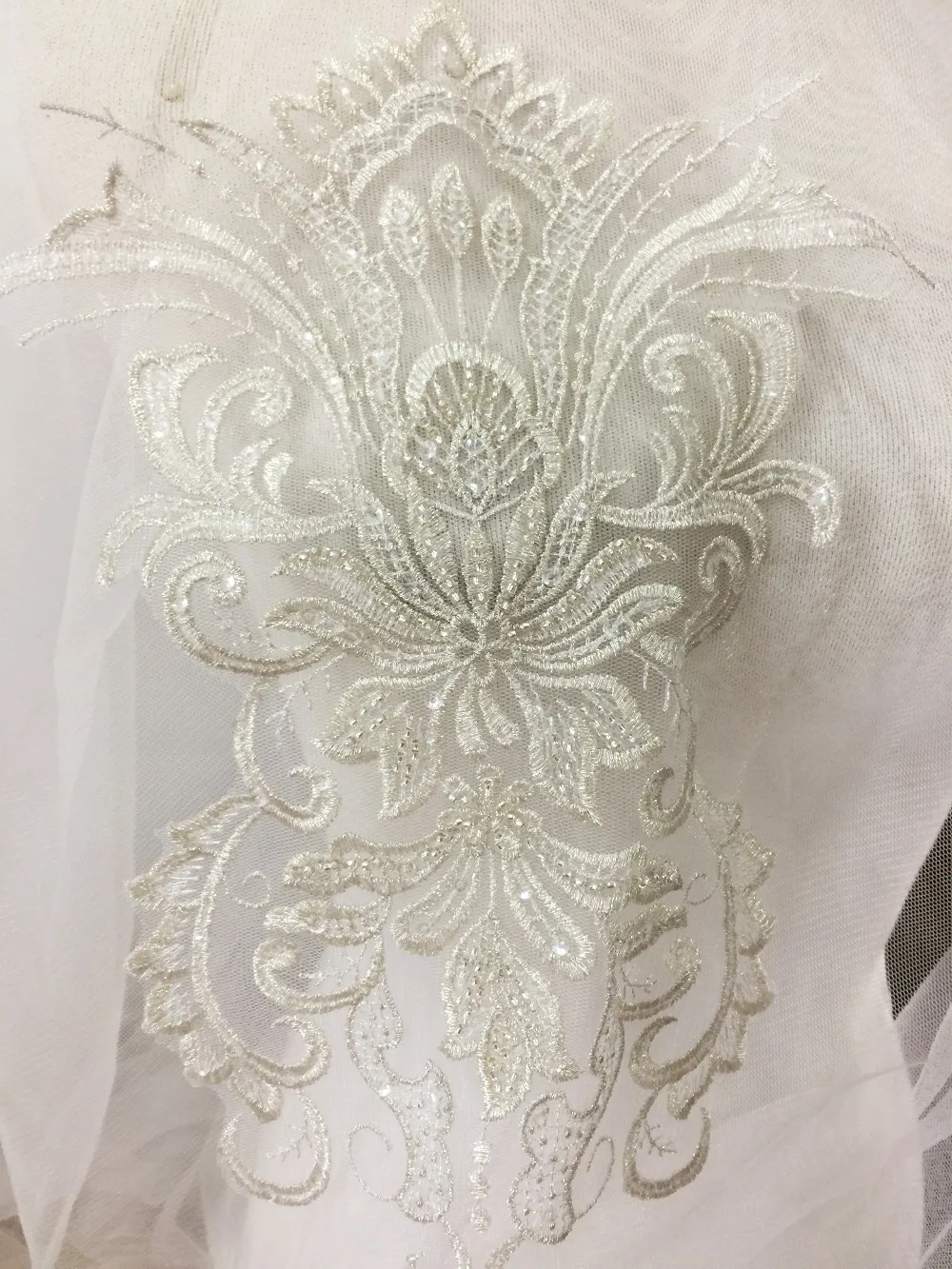 

1 pc Beaded Wedding Lace Applique with Silver Setting , Bridal Floral Patch Lace Motif Embroideried Wedding Accessory Sewing