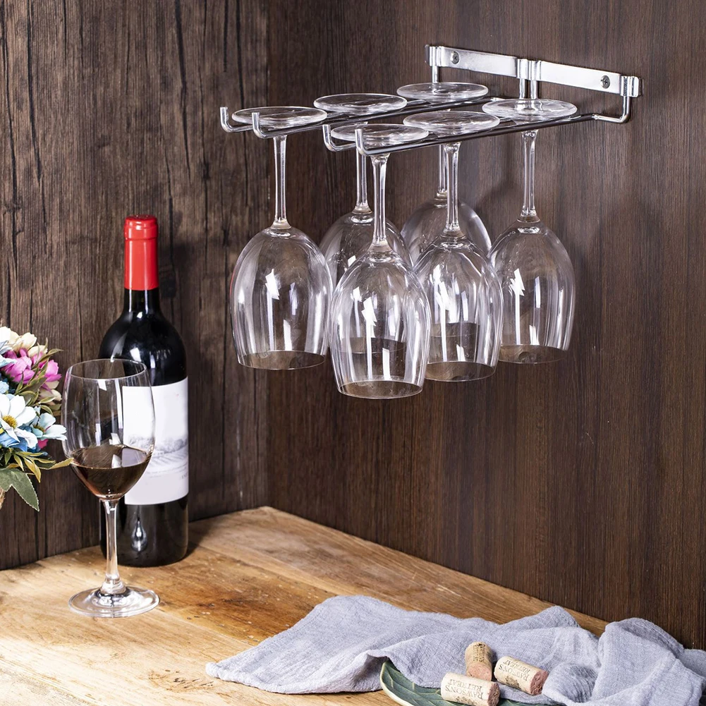 

Home Hanger Under Cabinet Kitchen Bar Wine Rack Metal Shelf Hanging Stemware Supplies Wall Mount Double Row Holder Useful