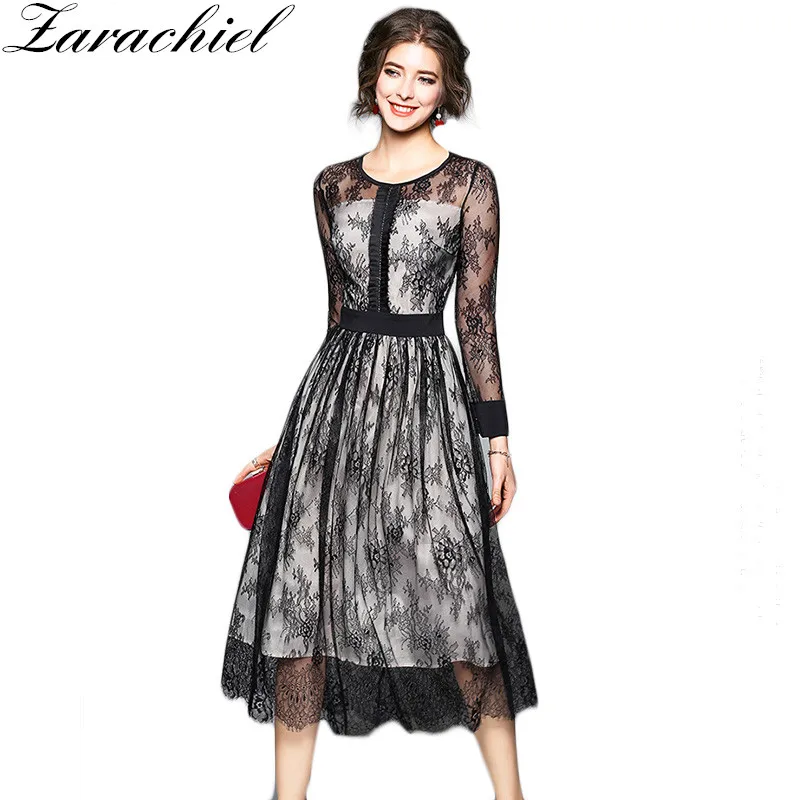 

Zarachiel Black Lace Dress 2019 Spring Runway Designer Women Casual O Neck Sexy Hollow Out Patched Vintage Pleated Long Dress