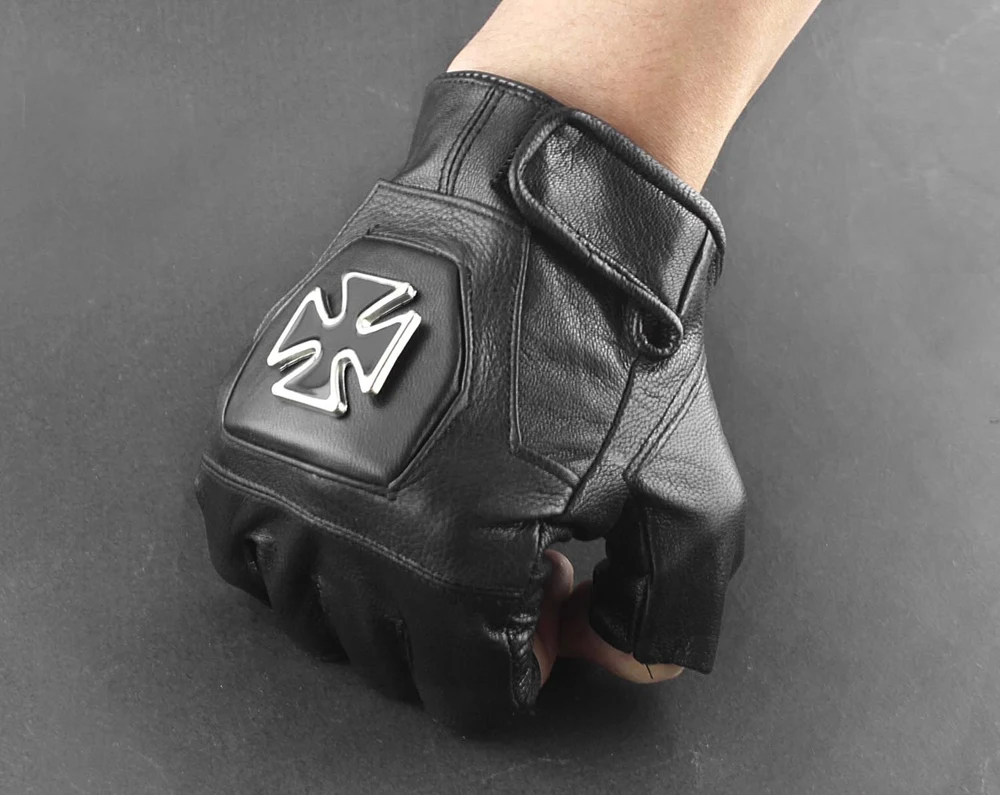 BLACK LEATHER IRON CROSS FINGERLESS GLOVES BIKER XTN3