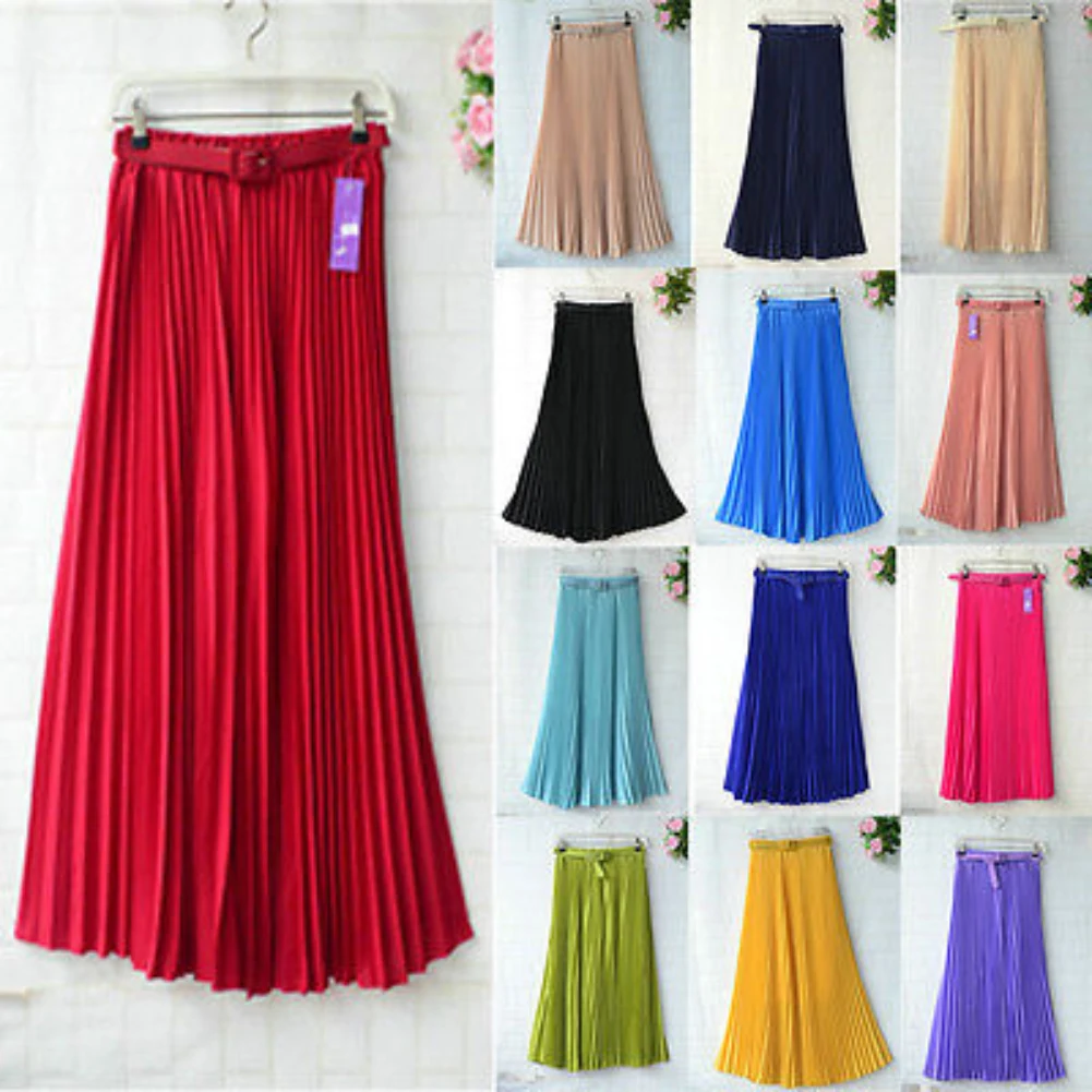 Womens Skirt Belt High Waist Solid Color Retro Maxi Chiffon Pleated Elegant Long Skirt Summer Skirt Womens New 13 Styles