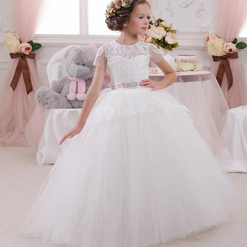 

Adorable Sweet Girl Pageant Dress Lace Appliques Pink Belt Tulle Gown Wedding Child Dresses