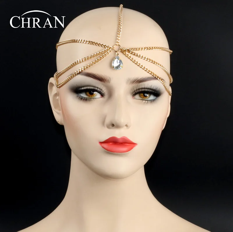 Chran Fashion Crystal Drop Gold Chain Head Jewelry Headband Headpiece