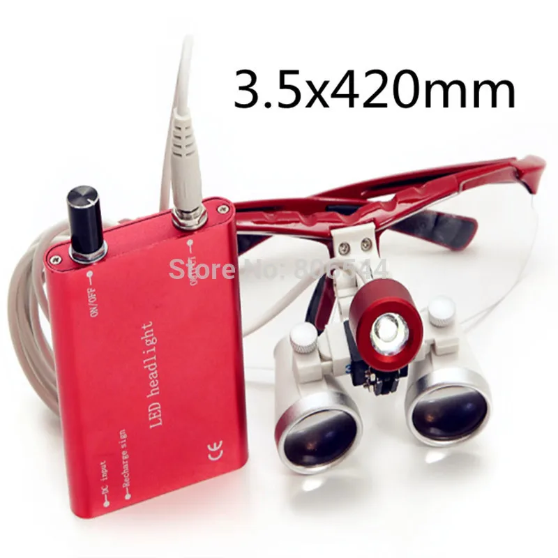 

3.5X420mm Portable Dentist Surgical Medical Binocular Dental Loupe Optical Glass with LED Head Light Lamp Red AAA+