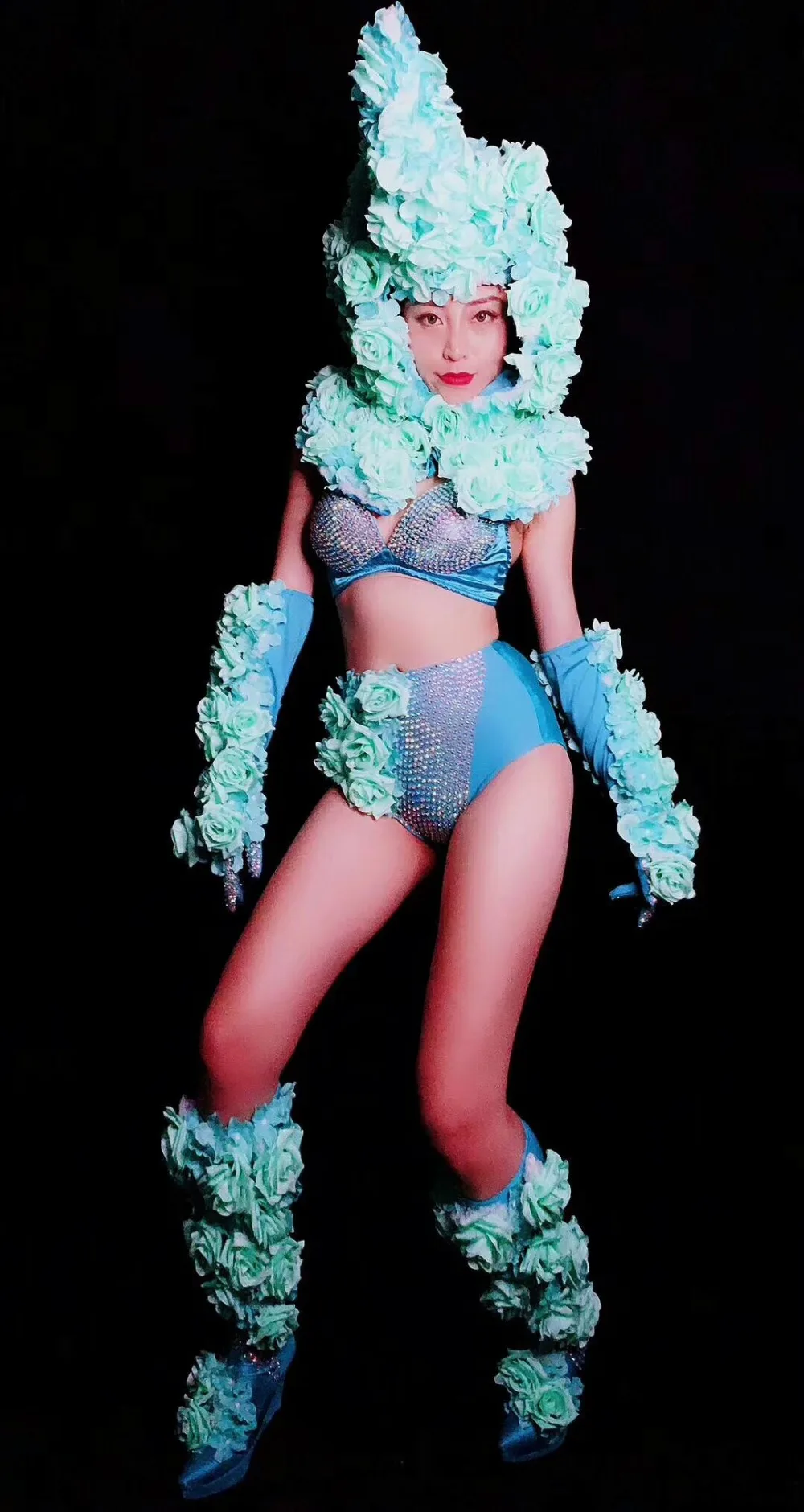 WomenNew синий горный хрусталь цветок украшения набор стрейч сексуальный комплект Пром наряд для вечеринки танцевальное шоу Команда Одежда