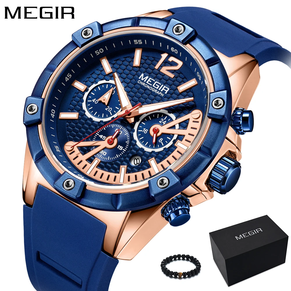 

MEGIR 2018 Fashion Mens Watches Top Brand Luxury Quartz Wrist Watch Blue Silicone Gold Big Dial Watch Men Waterproof Sport Clock