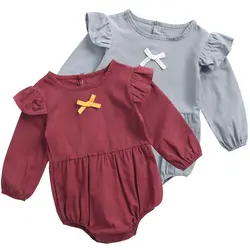Длинные рукава боди для маленьких девочек бант для новорожденного с завязкой сзади боди для девочек Боди со сборками; футболка со сборками