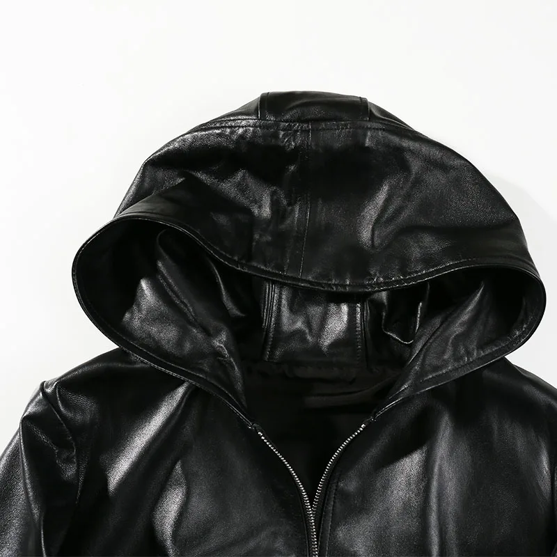 2018 Genuine Leather Jackets Sheepskin Hood Women Black Red Plus Size Casual Zipper Autumn Loose Leather Jackets for Juniors