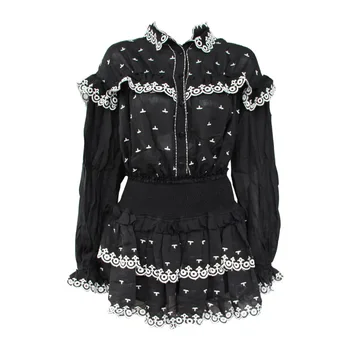 

High Quality Women's Clothes 2019 Net Red New Color Lace Embroidery Long-sleeved Shirt + Fashion Short Skirt 2 Piece Set Women