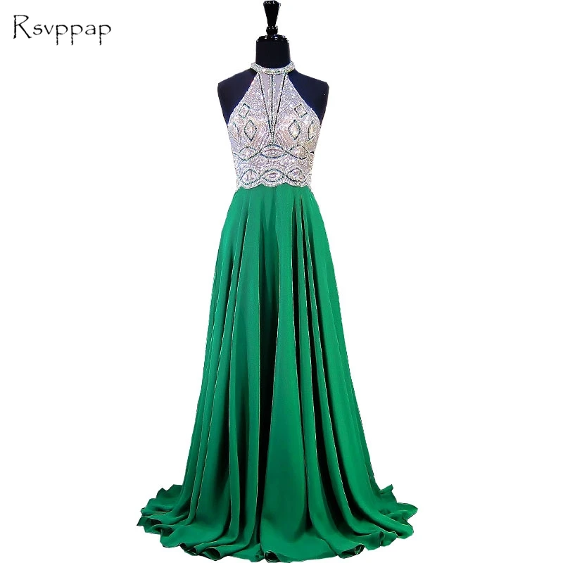 

Long Emerald Green Evening Dress 2019 A-line Scoop Sleeveless Beaded Floor Length Chiffon Women Formal Evening Gowns
