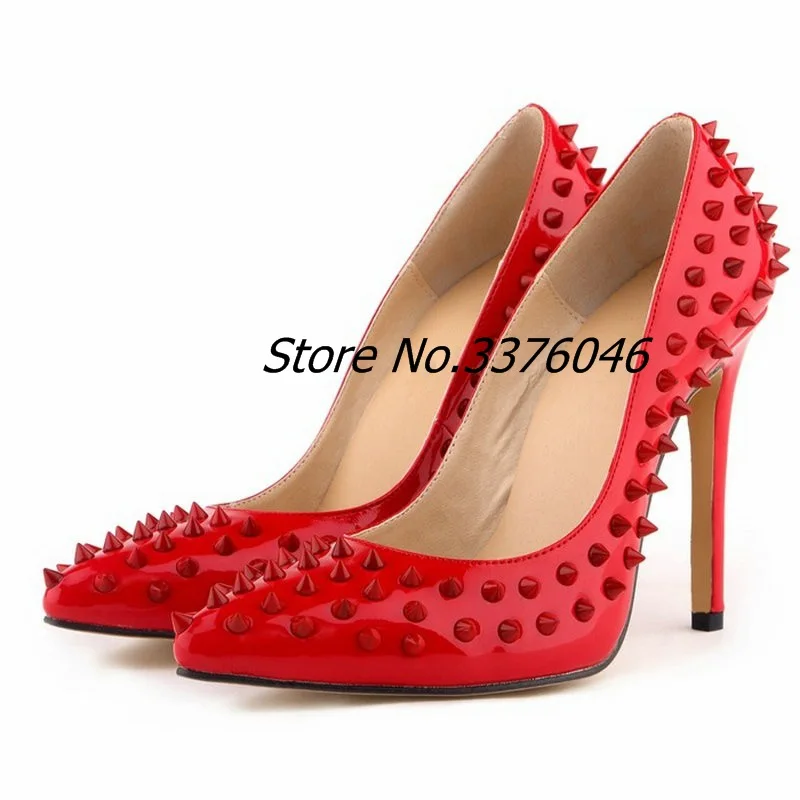

Stylish Rivets Pointed Toe High Heels Luxury Red Classic Women Patent Leather Stiletto High Heel Pumps Wedding Party Dress Shoes