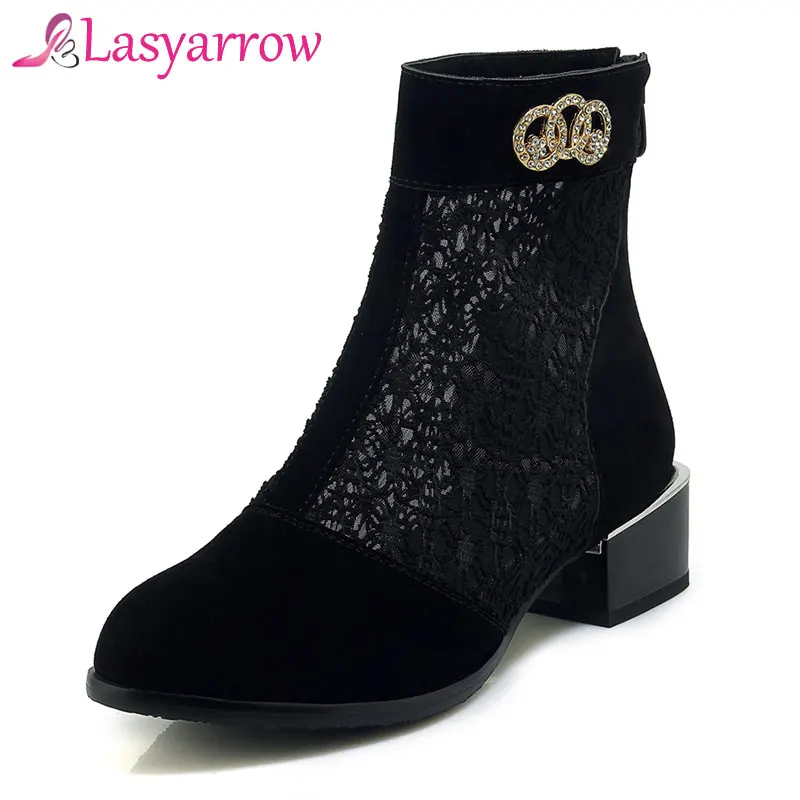 Lasyarrow Middle Heel Spring 2019 Autumn Ankle Boots For Women Round Toe Casual Short Boots Female Solid Black Pumps Shoes Woman
