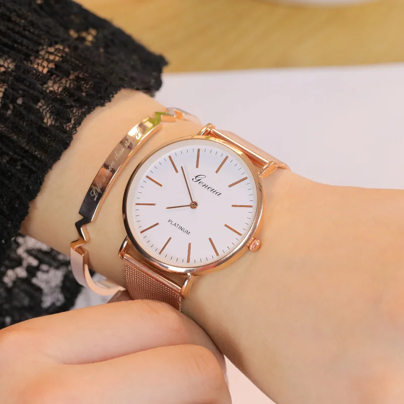 Бренд Geneva розовое золото повседневные кварцевые часы для женщин металлическая сетка нержавеющая сталь Часы Relogio Feminino женские наручные часы