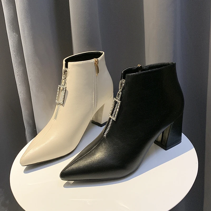 

Winter New Women Boots Rhinestone Zip Plush Warm Ankle Boots Ladies High Heel Shoes Pumps PU Women Casual Shoes botas mujer