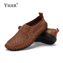 YIGER, nuevos zapatos de red para hombres, sandalias de cuero genuino para verano, informales para hombres, mocasines para hombres, zapatos de estilo perezoso, transpirables, de gran tamaño 38-48 0060