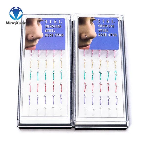 

MINGXUAN 40pcs/box Colorful 316L Stainless Steel Nose Hoop Nose Ring Stud Body Piercing Labret Jewelry Punk Style