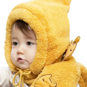 

2PCS Warm Solid Baby Hat Scarf Set Velvet Boys Girls Hat Lace Up Ear Protect Winter Kids Hat Cute Cartoon Cat Baby Boy Clothing