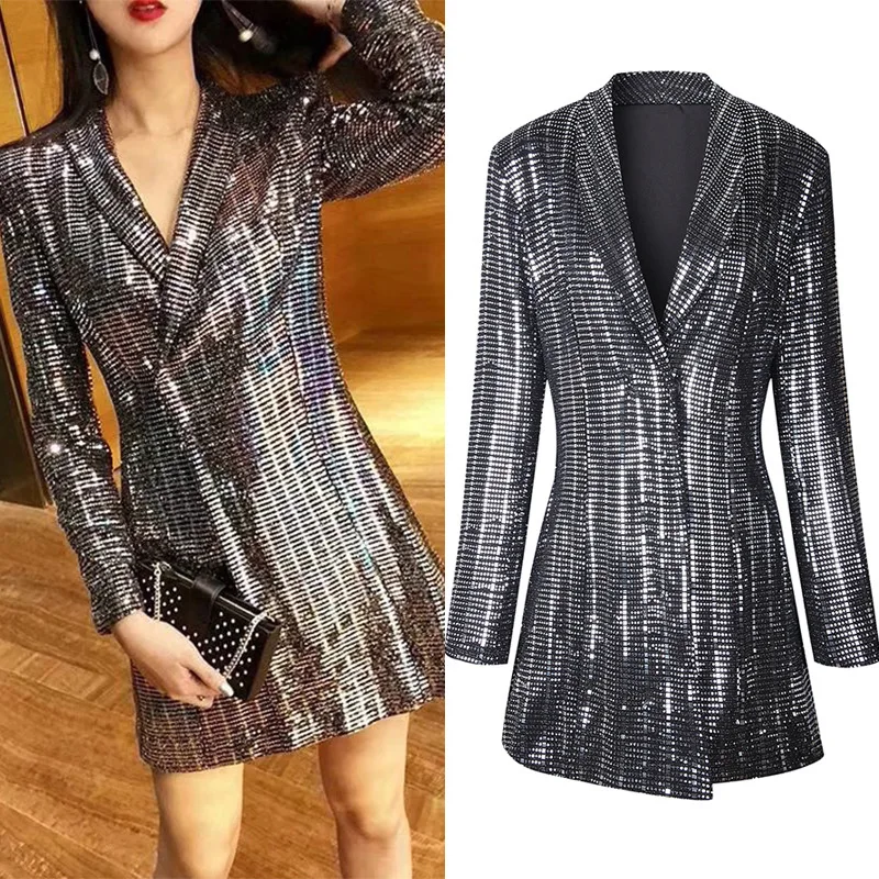 

2018 Autumn New Women Bling Sequined Party Midi Blazer Dress Elegant Slim Fit Lapel Collar Office Work Suit Female Jacket