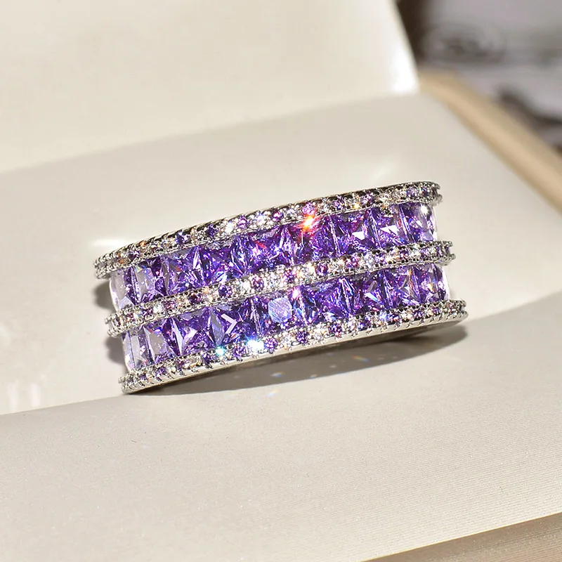 

European Fashion Two Rows Zircon Engagement Rings for Women Shiny Purple Cubic Zirconia Wedding Rings Banquet Party Jewelry Anel