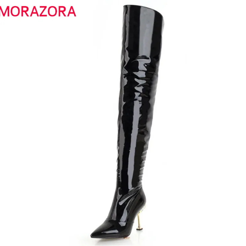 Otoño rojo Tacones Zapatos De Mantener Sólido Sexy Rodilla Hot 2018 Caliente Aguja Charol La Sobre Botas plata Invierno Morazora Muslo Alta blanco Negro 7cRaZva