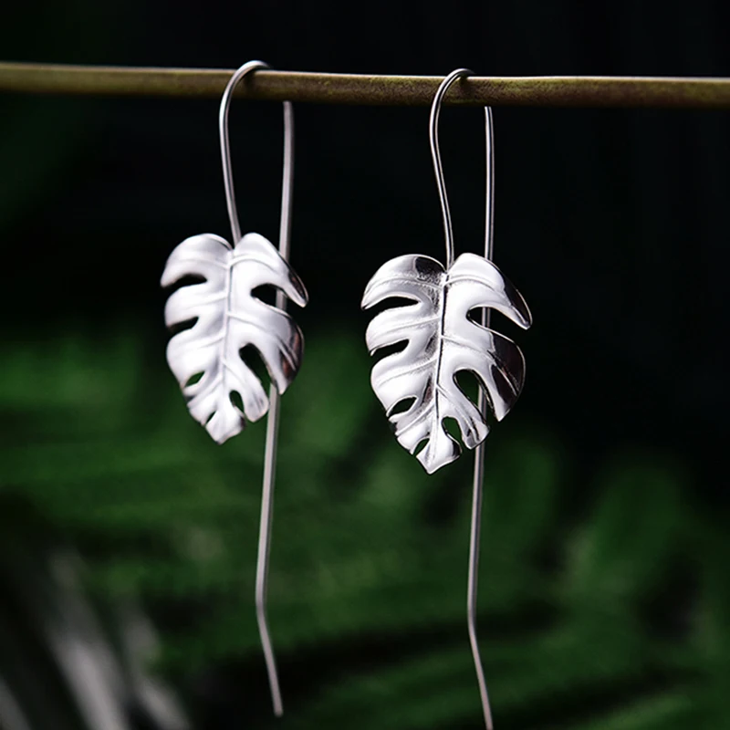 Lotus Fun Real 925 Sterling Silver Handmade Fine Jewelry Creative Monstera Leaves Design Dangle Earrings for Women Bijoux