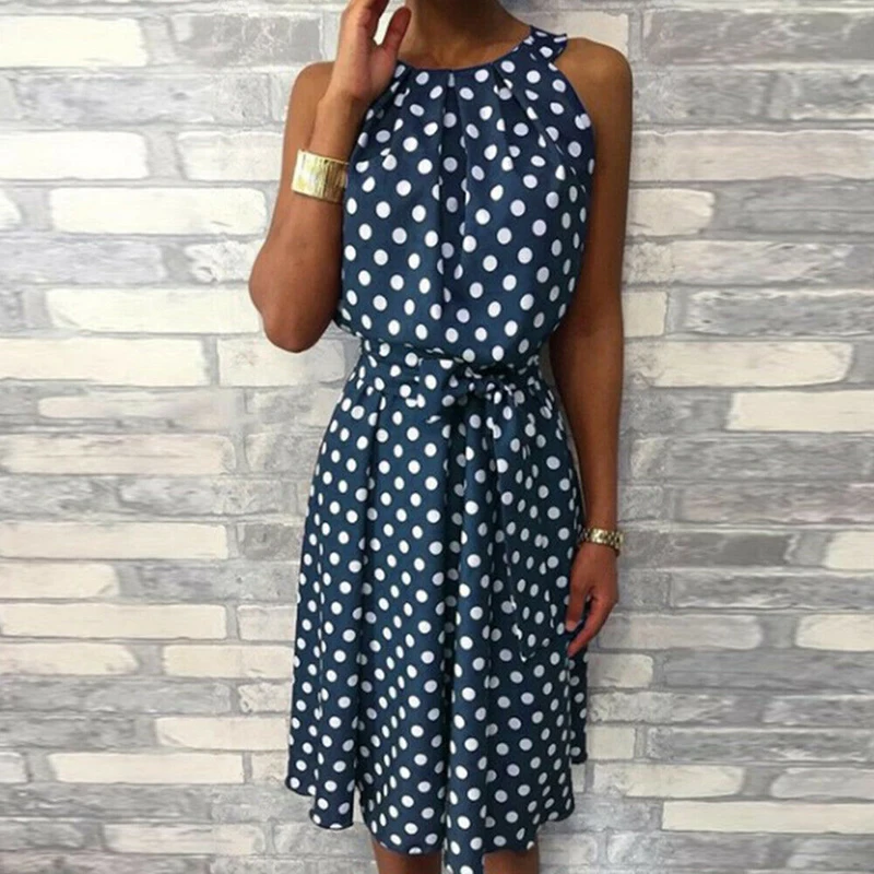 Women Polka Dot Dress 2019 Elegant Women Summer Sundress Dresses Short Sleeve Belt Dresses Off Ladies Sleeveless Plus Size Dress