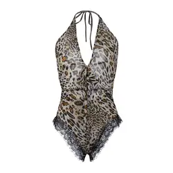 Боди Для женщин летние кружевные леопардовым принтом сексуальная женская пижама спинки Тедди бандажный Купальник Комбинезон 19Mer06 P30
