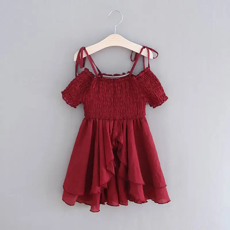 

Summer Family Matching Outfits Mother Daughter Wine Red Color Off The Shoulder Elastic Top Beach Dresses E17115