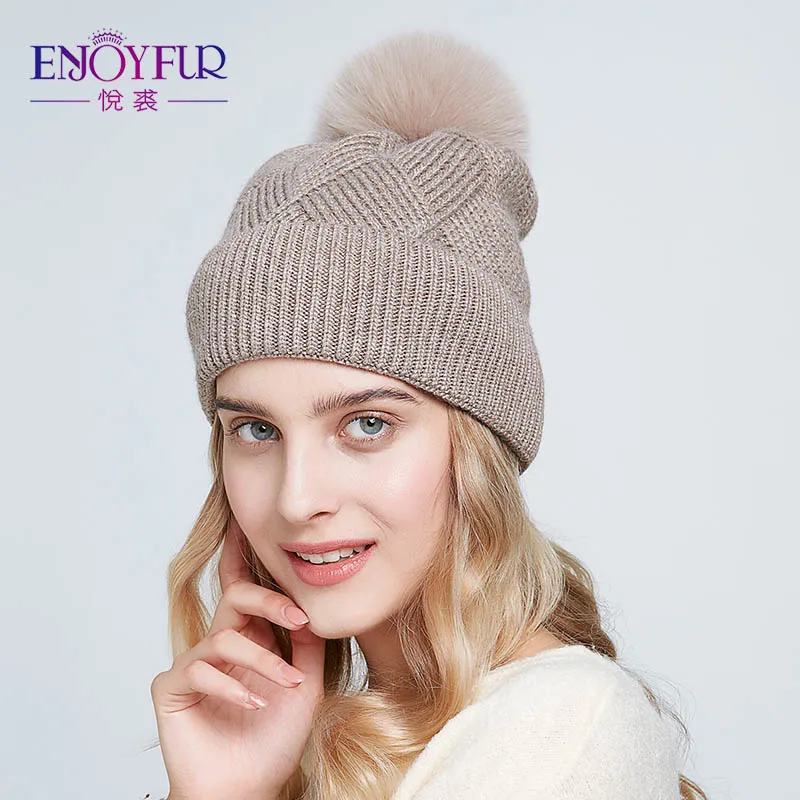 Женская мешковатая шапка с помпоном ENJOYFUR, теплая плотная шерстяная шапка с помпоном из натурального меха лисы или енота, для зимы - Цвет: 04FS