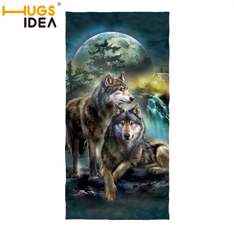 

HUGSIDEA Wolf Night Print Bath Towel Absorbent Moon Wolves Sport Beach Towels Soft Environmental Face Hand Towel Wrap Blanket