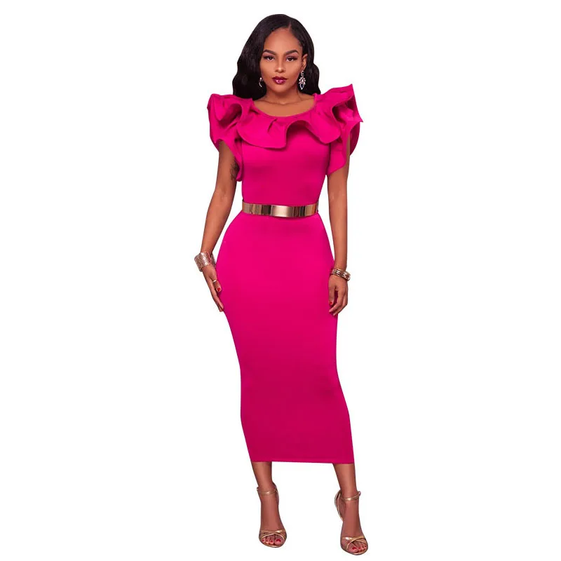 Women Fashion Formal Party Wear Dress Black Rose Carmine Solid Tight Fitting Ruffle Neckline Design Mid-Calf Wrapped Vestidos (5)