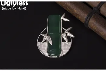 

Uglyless Real S925 Sterling Silver Handmade Round Pendant Necklaces without Chains Women Nature Chalcedony Bamboo Jewelry Hollow