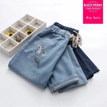 Японский стиль, прямые джинсовые брюки в стиле мори для девушек, женские джинсы с мультяшной вышивкой, женские милые штаны, весна, штаны с эластичной резинкой на талии L235