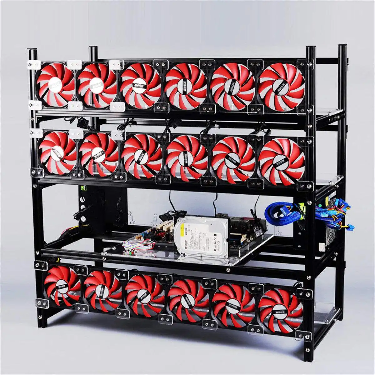 Silver Mining Rig Aluminum Stackable Case Open Air Frame ETH/ZEC/Bitcoin Hold 19 GPUs Supports 18 Fans Silver Mining Rig Aluminum Stackable Case Open Air Frame ETH/ZEC/Bitcoin Hold 19 GPUs Supports 18 Fans