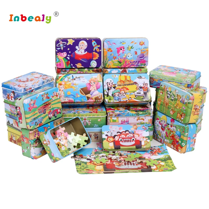

60Pcs/Set 3D Wooden Puzzle Cartoon Toy DIY Wood Puzzle Iron Box Package Jigsaw Puzzle Educational Montessori Toys for children