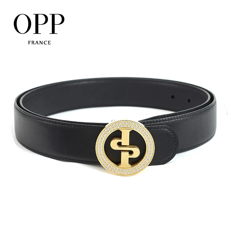 

OPP Men's Belts Fashion Rhinestone Business Casual Belt Leather Metal Needle Round Gold Buckle Men's Black Belts